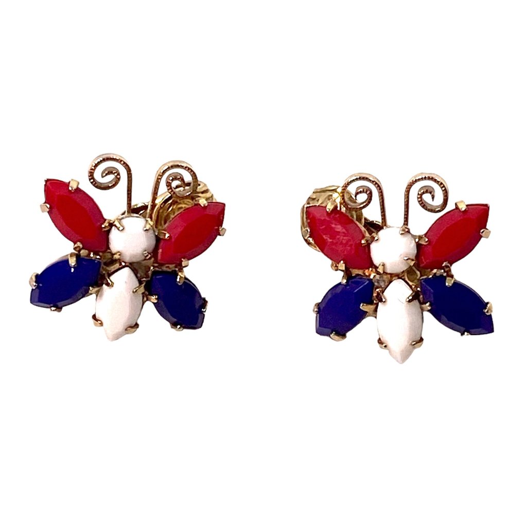 Vintage D&E Juliana Earrings Butterfly Clipon Delicate 60s Usa Patriotic 0.5”
